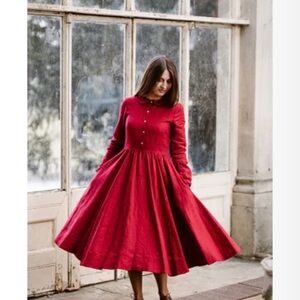 Poppy Red Linen New With Tags Long-Sleeve Dress